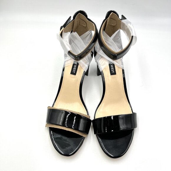 Nine West Womens 7.5M‎ Pruce Black Patent Open Toe Block Heels Sandals Shoes - Picture 2 of 12